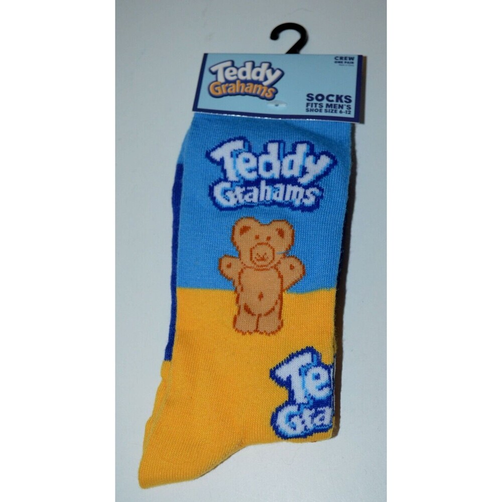 Teddy Grahams Crew Socks Men's (6-12 Shoe Size) Blue Yellow Brown White 1 Pair